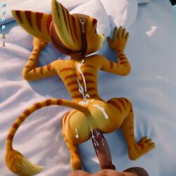 2boys after_sex ai_generated anal anal_sex anthro brown_nose covered_in_cum cum_on_back cum_on_body furry gay green_eyes hydrai lombax lombax_(ratchet_and_clank) male male_only orange_fur pov pulling_out ratchet_(ratchet_and_clank) ratchet_and_clank striped_body stripes top-down_view yellow_body yellow_fur