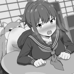 1boy 1girls aitsugu animal_ears animal_genitalia animal_penis bed bedroom blush breast_press canid canine canis cellphone clothed_sex dog_ears dog_penis doggy_style domestic_dog female feral interspecies long_hair looking_at_viewer male male/female monochrome open_mouth original saliva school_uniform schoolgirl zoophilia