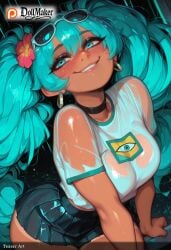 ai_generated aqua_eyes aqua_hair artist_name blush breasts choker dark_skin dollmaker dollmaker_(artist) earrings eyewear_on_head female flower goggles goggles_on_head hair_flower hair_ornament hatsune_miku hoop_earrings jewelry long_hair multicolored_hair nose_blush patreon_username see-through skirt smile sunglasses tagme twintails very_long_hair watermark web_address wet wet_clothes