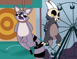aaron_amethyst absurd_res amusement_ride anthro balls bodily_fluids bone carnival_(disambiguation) cum cum_while_flaccid cyanosis disney drooling duo ferris_wheel genital_fluids genitals hanged hi_res indigo_park king_clawthorne male mammal mask noose nude open_mouth outside penis procyonid pupils raccoon rambley_raccoon saliva skull skull_mask snuff target the_owl_house titan_(the_owl_house) white_pupils