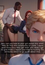 ai_generated ambiguous_penetration bent_over blazer complaining desk grabbing_from_behind grabbing_hips green_eyes interracial large_breasts morgan_bewick office office_clothing out_of_focus public_sex red_hair selfie sex snapchat upset
