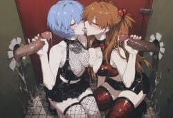 2_penises 2girls ai_generated asuka_langley_sohryu blue_hair blush breast_to_breast breasts_out brown_hair closed_eyes cum_drip cum_everywhere cum_in_mouth cum_on_breasts cum_on_face fishnet_legwear fishnet_topwear glory_hole handjob kissing kizirugai kneeling medium_breasts miniskirt neon_genesis_evangelion rei_ayanami short_skirt thighhighs