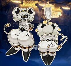 1girl android anus ass ass_focus black_sclera breasts cable cable_tail colored_sclera colored_skin electric_plug female from_behind glitch_productions hairband heart huge_ass j_(murder_drones) joints lafreakysky large_breasts mechanical_tail multiple_views murder_drones open_mouth penis robot robot_joints tail thick_thighs twintails white_hair yellow_eyes