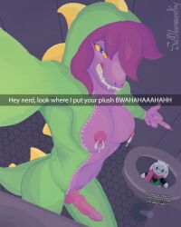 anthro bathroom caption clothing costume darkner deltarune english_text genitals green_clothing gums gynomorph hi_res hood_up intersex looking_at_viewer monster navel nipple_piercing nipples onesie onesie_open penis piercing plunger plushie purple_body purple_scales scales selfdestructking selfie sharp_cl sharp_teeth smile snapchat solo susie_(deltarune) talking_to_viewer teeth text toilet undertale_(series) yellow_sclera zipper