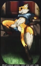 0l-fox-l0 absurd_res anthro bottle bottomless building canid canine clitoris closed_eyes clothed clothing container digital_media_(artwork) digital_painting_(artwork) drunk female flat_chested fox genitals hi_res house lying mammal mature_female mother_(lore) navel nude nude_anthro nude_female on_back painting_(artwork) parent_(lore) partially_clothed paws pubes pubes_exposed sleeping smile solo substance_intoxication text veranda