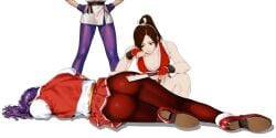 2girls 3girls ass athena_asamiya bangs bare_shoulders breasts brown_eyes brown_hair cleavage clothing defeated defeated_heroine dougi dress fatal_fury female fingerless_gloves folded_fan folding_fan footwear from_behind gloves hand_fan hands_on_hips hands_on_own_hips headband high_ponytail holding holding_fan king_of_fighters large_breasts long_hair lying mai_shiranui multiple_girls ninja on_side on_stomach pantyhose pelvic_curtain ponytail puffy_short_sleeves puffy_sleeves purple_hair red_dress red_footwear revealing_clothes shiranui_mai shirt shoes short_sleeves skirt sleeveless snk spandex the_king_of_fighters thighs vest white_shirt yuri_sakazaki