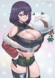 bare_shoulders belt breasts cleavage female gloves navel short_hair short_shorts shorts solo thighhighs