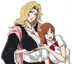 2girls big_breasts big_titties bleach bleach:_sennen_kessen-hen bleach:_the_thousand-year_blood_war blonde_female blonde_hair blonde_hair_female blue_eyes blush blush_lines breast breast_grab breasts breasts_bigger_than_head inoue_orihime long_hair matsumoto_rangiku orange_hair rakusakugk red_hair school_uniform schoolgirl shinigami shinigami_(bleach) shinigami_uniform two_girls