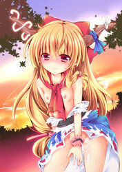 blonde_hair blush bow cute_fang embarrassed enjoy_mix female hairbow horn_ribbon horns nipples no_panties red_eyes ribbon small_breasts solo suika_ibuki sunset touhou wrist_cuffs