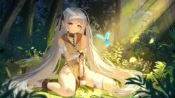 absurdres bandaged_leg bandages blood blood_on_hands collar cuffs female flat_chest forest full_body grass green_eyes grey_hair highres kasugano_sora long_hair looking_at_viewer nature on_grass pelvic_curtain restrained shackles sitting skindentation solo touxing_no_diluka tree twintails very_long_hair wariza yosuga_no_sora
