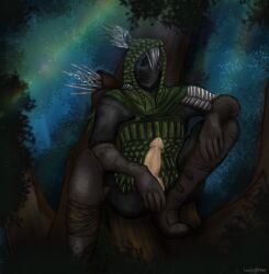 archer armor arrows balls boots cloak crouching elden_ring elden_ring_nightreign erect_penis erection feathers fluids gloves hidden_face hood ironeye_(elden_ring) ironeye_(nightreign) lovingarmor male male_only nightreign penis penis_out precum tree