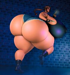 ass brown_eyes brown_hair female huge_ass ponytail solo thick_thighs thighs weapon