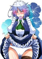 black_legwear blue_dress blue_eyes blush bow braid breasts condom condom_in_mouth condom_wrapper dress dress_lift female flower frills izayoi_sakuya large_breasts looking_at_viewer maid maid_headdress mouth_hold panties short_hair silver_hair skirt skirt_lift solo striped striped_panties thighhighs twin_braids underwear white_panties