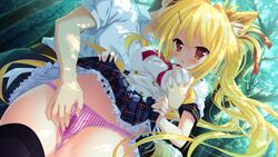 blonde_hair breast_grab fingering forest fox_girl game_cg karin_amagi long_hair magical_marriage_lunatics!! moonstone panties red_eyes seifuku skirt skirt_lift striped striped_panties thighhighs underwear yamakaze_ran