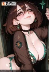 ai_generated ayase_momo bangs bikini blush breasts brown_eyes brown_hair choker cleavage dandadan dollmaker dollmaker_(artist) drunk earrings female green_bikini green_bra green_panties jacket jewelry large_breasts looking_at_viewer patreon_logo patreon_username short_hair side-tie_bikini side-tie_panties smile solo sparkle string_bikini swimsuit tagme watermark