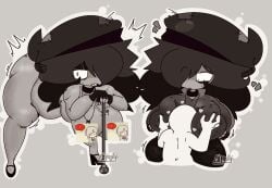 1boy 1girl between_breasts breast breasts cane copy_(lafreakysky) fingerless_gloves gloves grabbing grey_background hair_over_one_eye hat hetero lafreakysky large_breasts long_hair monochrome multiple_views nude oc open_mouth simple_background sweat tagme thick_thighs