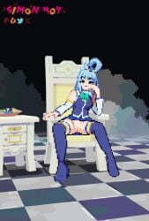 1boy 1girls animated aqua_(konosuba) aqua_bow aqua_bowtie artist_name audible_internal_cumshot audible_speech bare_shoulders blue_boots blue_eyes blue_shirt boots bouncing_breasts bow bowtie breasts brown_hair checkered_floor detached_sleeves elbow_rest female hair_rings kono_subarashii_sekai_ni_shukufuku_wo! long_hair long_sleeves looking_at_viewer moaning nipples opaluva penis pixel_art satou_kazuma sex shirt short_hair simon404 sitting sleeveless sleeveless_shirt sound spanking spread_legs standing standing_sex straight tagme thigh_boots throne underwear unworn_clothes video