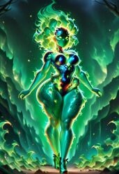 1girls ai_generated breasts darkeffect elemental_creature elemental_humanoid female female_focus female_only fire fire_creature fire_hair fire_humanoid flame flames green_body green_flames green_skin nude solo solo_female solo_focus wide_hips
