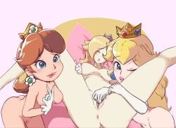 3girls anus blonde_hair blue_eyes breasts brown_hair completely_nude crown earrings female female_only gloves light-skinned_female light_skin mario_(series) naked nintendo nipples nude nude_female peace_sign princess princess_daisy princess_peach princess_rosalina pulsaber pussy super_mario_galaxy super_mario_land yuri