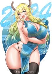 1girls 2024 2d 2d_(artwork) antlers arm_under_breasts blonde_hair breasts breasts_bigger_than_head curvy curvy_female curvy_figure digital_drawing_(artwork) digital_media_(artwork) eyelashes fangs feminine_body hips katoushinobu large_breasts long_hair looking_at_viewer looking_pleasured lucoa lucoa_(maidragon) miss_kobayashi's_dragon_maid multicolored_hair revealing_clothes skimpy skimpy_clothes solo solo_female solo_focus wide_hips