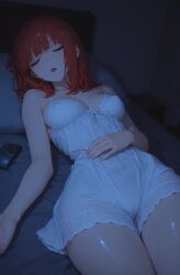 1girls ai_generated asleep belly_button_visible_through_clothing navel navel_visible_through_clothes nightgown nipples_visible_through_clothing red_hair shiny_skin sleeping