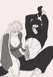 1boy 1girls abs arms_up assertive_female blush breasts censored cleavage full-face_blush genderswap_(mtf) handjob hatake_kakashi japanese_clothes kimono large_breasts licking_lips long_hair looking_at_penis naruto_(series) naruto_shippuuden nipples one_eye_covered pectorals penis penis_grab precum rule_63 rule_63 scar scar_across_eye scar_on_face tongue tongue_out uchiha_obito veins veiny_penis yukata