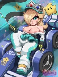 1girls big_breasts blonde_hair blue_eyes breasts_out cap jwecchi_(artist) looking_at_viewer luma mario_kart mario_kart_world partially_clothed pin-up princess_rosalina super_mario_bros. thick_thighs