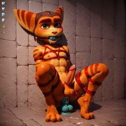 ai_generated anthro ball_gag bondage brown_nose cum_on_face dildo dildo_in_ass furry gagged gay green_eyes hydrai lombax lombax_(ratchet_and_clank) male male_only nervous orange_fur ratchet_(ratchet_and_clank) ratchet_and_clank rope rope_bondage striped_body stripes yellow_body yellow_fur