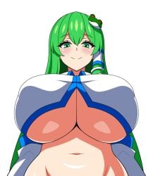 1girls absurd_res alternate_breast_size alternate_hairstyle breasts detached_sleeves female female_only green_eyes green_hair large_breasts looking_at_viewer looking_down midriff navel nipples_visible_through_clothing puffy_nipples sanae_kochiya simple_background smile solo ssaf_seibeupail standing touhou underboob