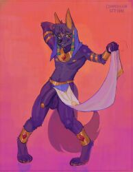 anklet anthro anubian_jackal balls black_body black_fur black_nose bottomwear bottomwear_aside canid canine canis clothed clothing clothing_aside fluffy fluffy_tail foreskin fur genitals hi_res humanoid_genitalia jackal jewelry kahell ketinha loincloth loincloth_aside loincloth_only looking_at_viewer male mammal mostly_nude nipples penis pointy_ears presenting slim_male solo tail topless wristband