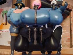 3d 3futas balls_touching breast_press breast_squeeze breasts fempyro frottage futanari giant_balls giant_breasts giant_penis keyhole lamanthias precum precum_drip sweat team_fortress_2