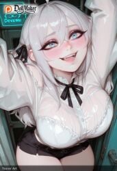 ahoge ai_generated black_ribbon black_shorts blue_eyes blush bra bra_visible_through_clothes breasts dollmaker dollmaker_(artist) eyebrows_visible_through_hair female hair_between_eyes hair_ribbon heart heart-shaped_pupils large_breasts long_hair long_sleeves looking_at_viewer open_mouth patreon_logo patreon_username phone reaching_out recording ribbon see-through selfie short_shorts shorts silver_hair smile solo symbol-shaped_pupils tagme twintails underwear watermark wet wet_clothes wet_shirt