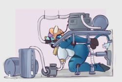 2024 ambiguous_penetration anthro anthromage big_breasts blonde_hair blue_body bodily_fluids bound bovid bovine breasts cattle cowbell digital_media_(artwork) female hair hi_res hooves horn hypnotic_visor lactating leg_tied machine mammal milking_machine nipples nude penetration side_view solo tail