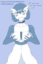 1female alternate_version_available aroused_smile artist_name blushing_lines breast_grab breasts_out choker_collar commission dialogue gardevoir h0rn3y_b0nk32 highres jewelry looking_at_viewer monochrome nipples_out pokemon pokemon_(species) pov_eye_contact simple_background simple_shading skinny_girl