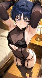1boy ai ai-created ai_generated bulge bulge_through_clothing femboy genshin_impact kinkyfuel lingerie lingerie_only lingerie_panties male scaramouche_(genshin_impact) slutboy thighhighs