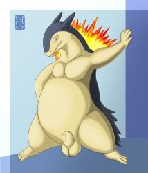 2025 absurd_res animal_genitalia balls belly colored digital_media_(artwork) fangs feral fire flaming_hair flaming_mane full-length_portrait garo_(artist) generation_2_pokemon genitals hi_res line_art male nintendo nude pecs pokemon pokemon_(species) portrait pseudo_hair pseudo_mane shaded sheath simple_background solo spread_legs spreading standing teeth typhlosion