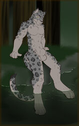 abs anthro balls biceps body_markings easyspark feline forest from_behind fur grey_fur leopard looking_at_viewer male male_only markings muscles nude pecs sheath snow_leopard solo tree water