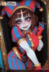ai_generated bangs blunt_bangs blush bob_cut breasts brown_hair dollmaker dollmaker_(artist) female gloves hat heart-shaped_pupils jester_cap looking_at_viewer patreon_username pomni_(the_amazing_digital_circus) red_gloves short_hair smile solo striped striped_legwear symbol-shaped_pupils tagme the_amazing_digital_circus watermark