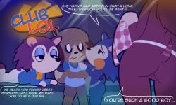 1boy 3girls able_sisters animal_crossing anthro apron apron_lift ass dialogue digby_(animal_crossing) female harem labelle_able mabel_able male nintendo presenting_pussy sable_able sisters tail text weirdotterlewds
