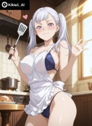1girls ai_generated apron big_ass big_breasts bikini black_clover female_focus female_only indoors kikia1 large_breasts looking_at_viewer narrow_waist noelle_silva silver_hair skindentation solo solo_female solo_focus standing thong thong_bikini twintails