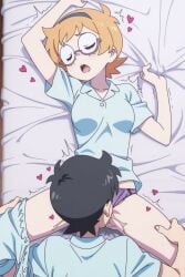 1boy 1girl ai_generated arched_back blush closed_eyes cunnilingus faceless_male female_orgasm from_front glasses grabbing_legs grabbing_sheets hands_up head_tilt heart light_blue_pants light_blue_shirt little_witch_academia looking_up lotte_jansson lotte_yansson lying_back lying_on_bed moaning open_mouth orgasm pussy pussy_juice spread_legs trembling twitching yellow_hair