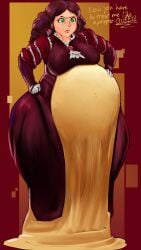 1girls belly breasts clothed dress english_text female green_eyes loose_clothes pregnant text thapadmeister thick_thighs thighs