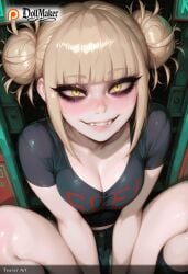 ai_generated bangs blonde_hair blunt_bangs blush breasts cleavage dollmaker dollmaker_(artist) double_bun eyebrows_visible_through_hair fangs female from_above hair_bun looking_at_viewer medium_breasts messy_hair patreon_username sitting smile solo tagme teeth toga_himiko watermark web_address yellow_eyes