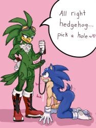 accipitrid accipitriform alien all_fours anthro arch_position arched_back arm_markings avian babylonian_(sonic) balls bird blue_body blue_eyes blue_fur blue_quills bodily_fluids boots chest_tuft clenched_teeth clothing collar crouching cum cum_drip cum_on_face dripping drool_on_face drooling duo eulipotyphlan eyeshadow eyewear feathers flame_pattern fluffy fluffy_chest footwear from_front_position fur genital_fluids genital_markings genital_piercing genitals gloves goggles green_body green_eyes green_feathers handwear heart_eyes heart_symbol hedgehog heehoohaa hi_res jet_the_hawk leaking_precum leash leashed_collar leg_markings looking_at_another looking_at_genitalia looking_at_penis looking_down looking_up makeup male male/male mammal markings mohawk navel navel_piercing nipple_outline nipple_piercing nipples onomatopoeia penis penis_markings penis_piercing piercing precum quills_(anatomy) red_eyeshadow saggy_balls saliva seductive sega sex shaking_penis shoes socks sonic_riders sonic_the_hedgehog sonic_the_hedgehog_(comics) sonic_the_hedgehog_(series) sound_effects tail tail_feathers tail_motion tailwag teeth text throbbing throbbing_penis tuft