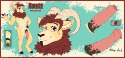 absurd_res animal_genitalia animal_humanoid animal_penis anthro body_hair bovid bovid_horn bovid_humanoid caprine caprine_horn caprine_humanoid chest_fur chest_hair chest_tuft equine_genitalia equine_penis fluffy fluffy_chest foreskin genitals hair hi_res hooves horn humanoid humanoid_genitalia male mammal mammal_humanoid markings model_sheet mottled mottled_genitalia muscular muscular_male penis ram_horn red_eyes red_hair reference_to_character ring sheep sheep_humanoid short_tail smile smiling_at_viewer solo sunstriderarts tail tuft