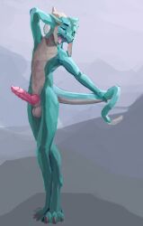 absurd_res animal_genitalia anthro ashie_(shmike1) balls blue_body blue_fur closed_eyes crossed_legs dragon erection floppy_ears fur genitals hand_behind_head hi_res horn knot male mythological_creature mythological_scalie mythology open_mouth scales scalie sheath shmike1 simple_background solo standing stretching tail tail_grab teeth tongue yawn
