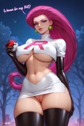 1girls acw adult adult_female ai_generated blue_eyes crop_top curvy curvy_female earrings elbow_gloves female hair_slicked_back huge_breasts jessie_(pokemon) large_breasts latex latex_clothing latex_gloves latex_thighhighs long_hair looking_at_viewer makeup mature_female midriff milf naughty_face navel nipple_bulge no_bra no_panties no_underwear outdoors pink_hair pokemon pussy rubber_clothing rubber_gloves smile solo solo_female talking_to_viewer text thick_thighs thighs underboob upskirt voluptuous