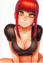 2025 ai_generated artist_name breasts chainsaw_man cleavage crazyfishbones female large_breasts looking_at_viewer makima_(chainsaw_man) navel red_hair solo yellow_eyes