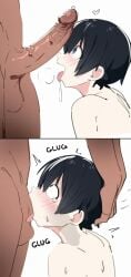 black_hair deepthroat drooling excited eyes_rolling_back femboy forced_oral huge_cock looking_at_penis short_hair size_difference tongue_out twink