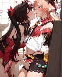 2girls ai_generated black_hair blush crossover genshin_impact green_hair hand_on_pussy honkai:_star_rail honkai_(series) legs light_skin only_girl open_mouth pink_eyes pink_hair sparkle_(honkai:_star_rail) yanfei_(genshin_impact) yuri
